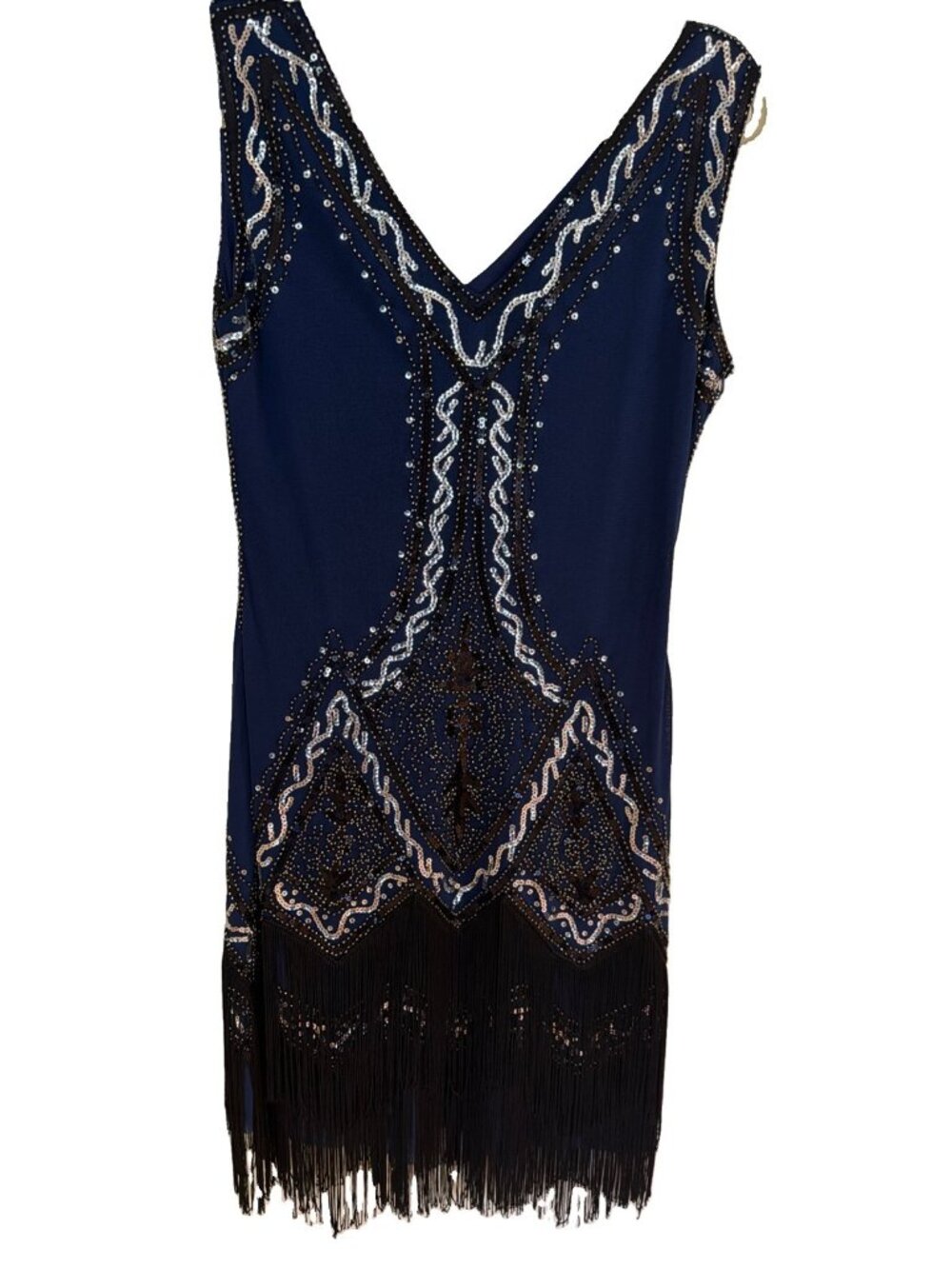 Gatsby Vintage Flapper Dress Medium Blue/Black Sequin Beaded Fringe Costume
